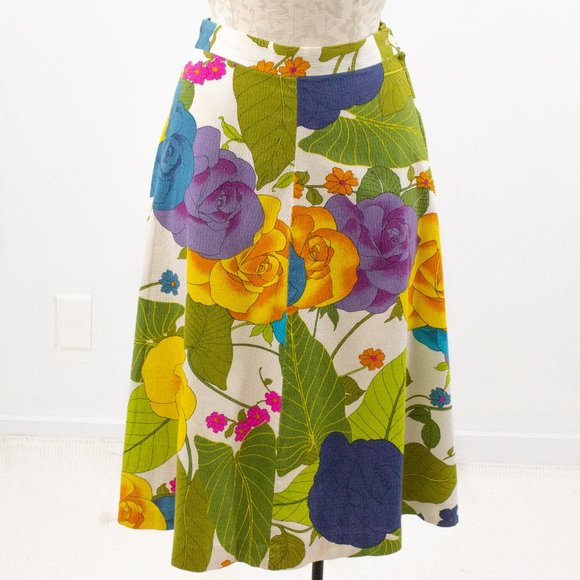 Vintage 60s 50s Pinup Floral Print Midi Skirt - Picture 1 of 7